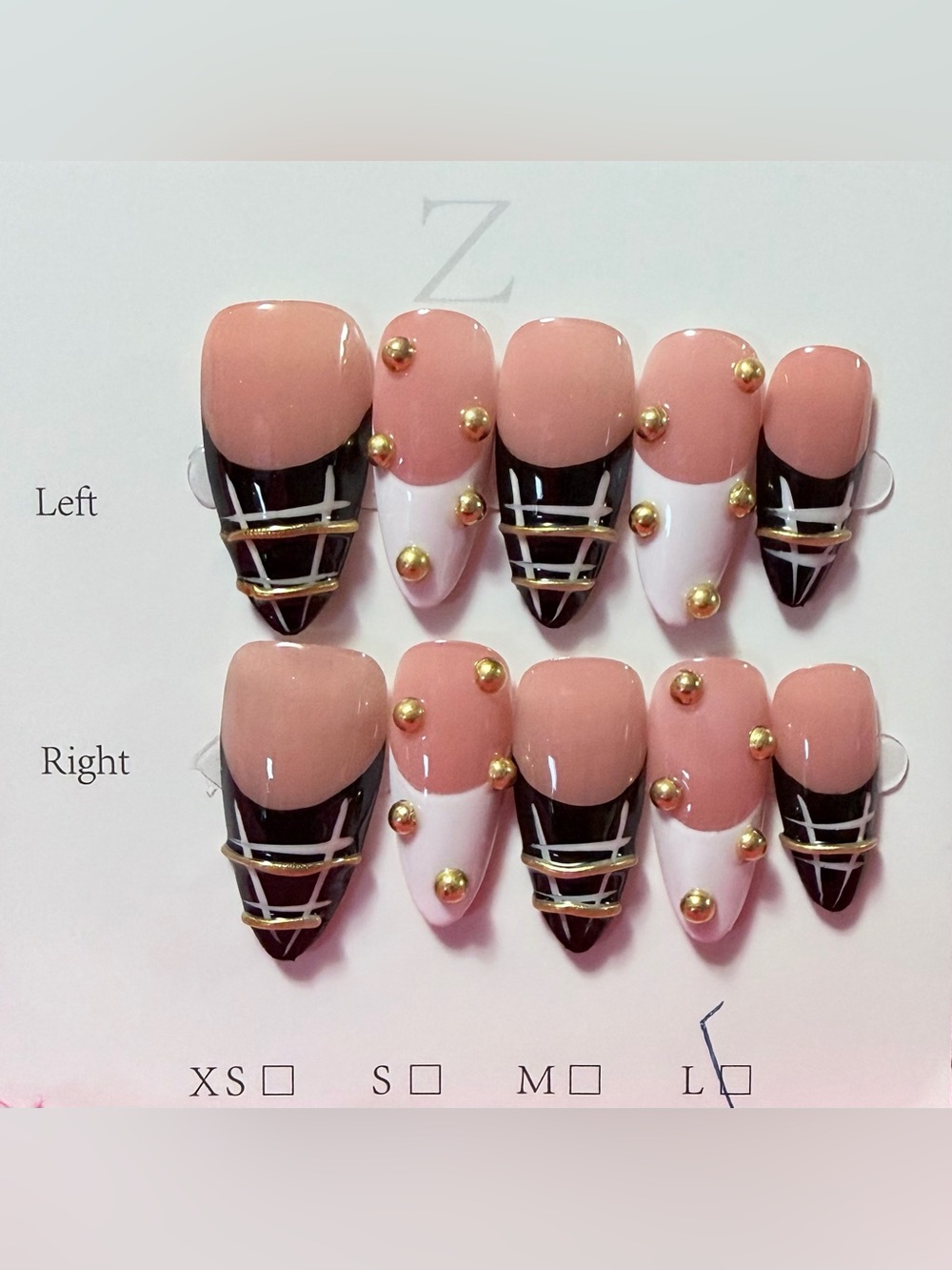 Nude Pink and Black Gold Accent Press-On Nails - Elegant Women Makeup